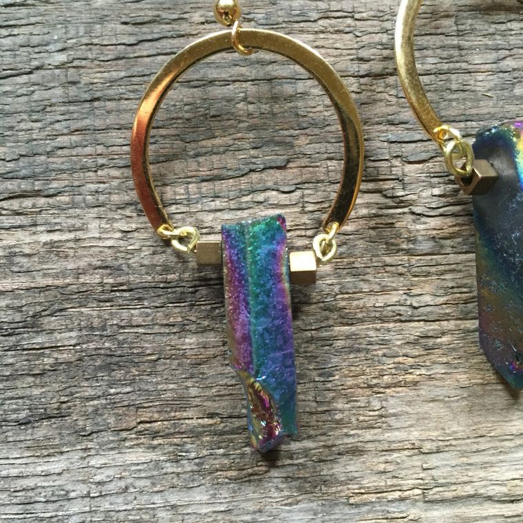 Peacock Quartz Brass Earrings